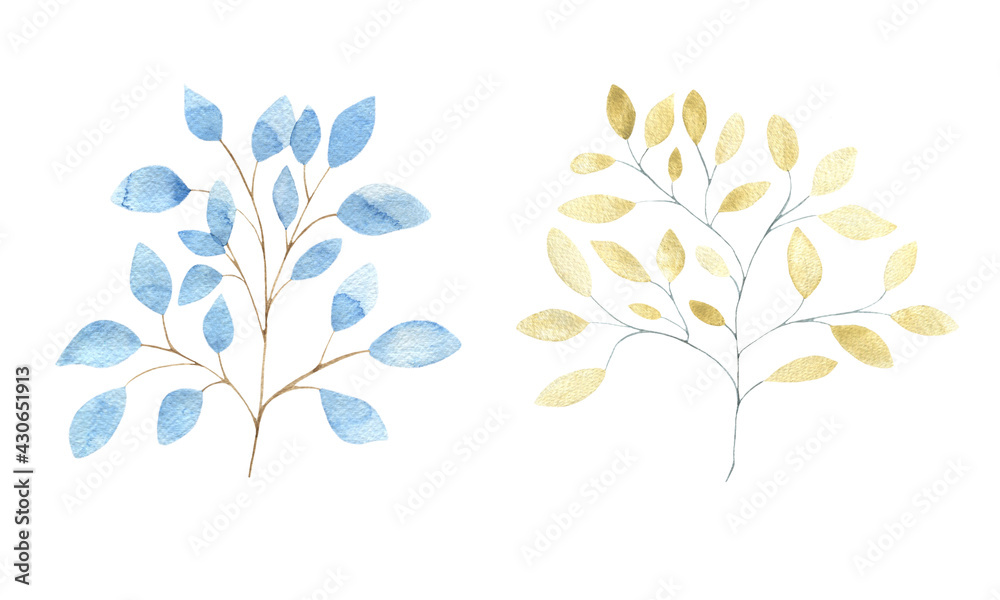Watercolor set of blue and gold twigs with leaves, isolated elements on a white background. Botanical illustration for postcards, scrapbooking, design Watercolor set of blue and gold twigs with leaves, isolated elements on a white background. Botanical illustration for postcards, scrapbooking, design