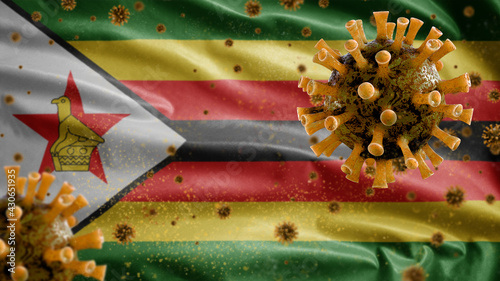 3D, Zimbabwean flag waving with Coronavirus outbreak. Zimbabwe Covid 19
