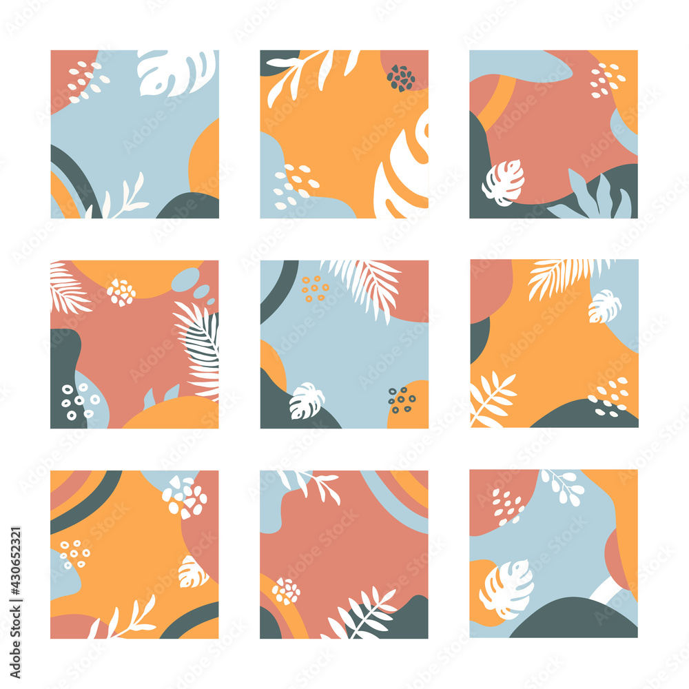 Abstract trendy set of modern summer sale post templates with colorful tropical leaves and hand drawn shapes. Vector illustration