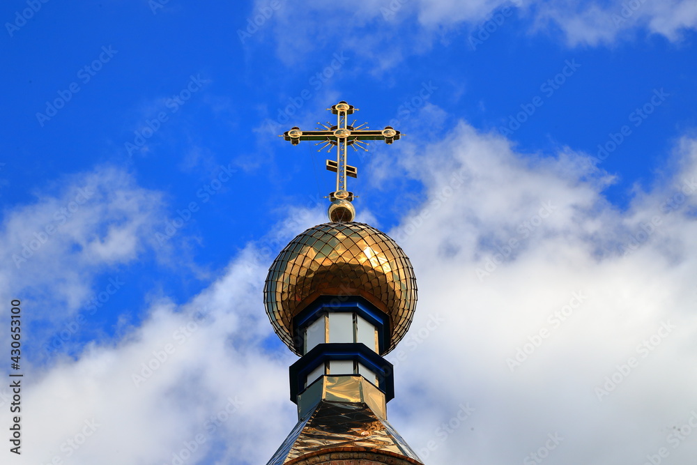 Dome cross of Ukrainian Orthodox Church of Zazymie - Kiev Patriarchate, Ukraine. 1865-1900. Concept of Religion and faith. Easter and believers.