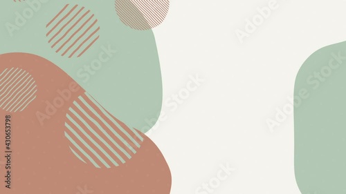 An abstract pattern of smoothly moving spots of pastel colors and circles filled with curved lines is on a light background. Minimalist Social Media Layout. Copy space.
