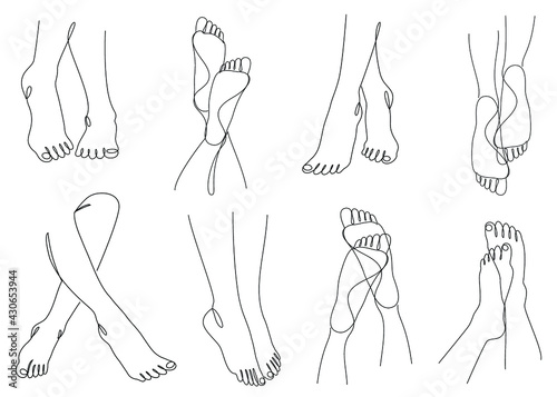 Collection. Silhouettes of human legs, feet in a modern one line style. Continuous line drawing, aesthetic outline for home decor, posters, wall art, stickers, logo. Vector illustration set.