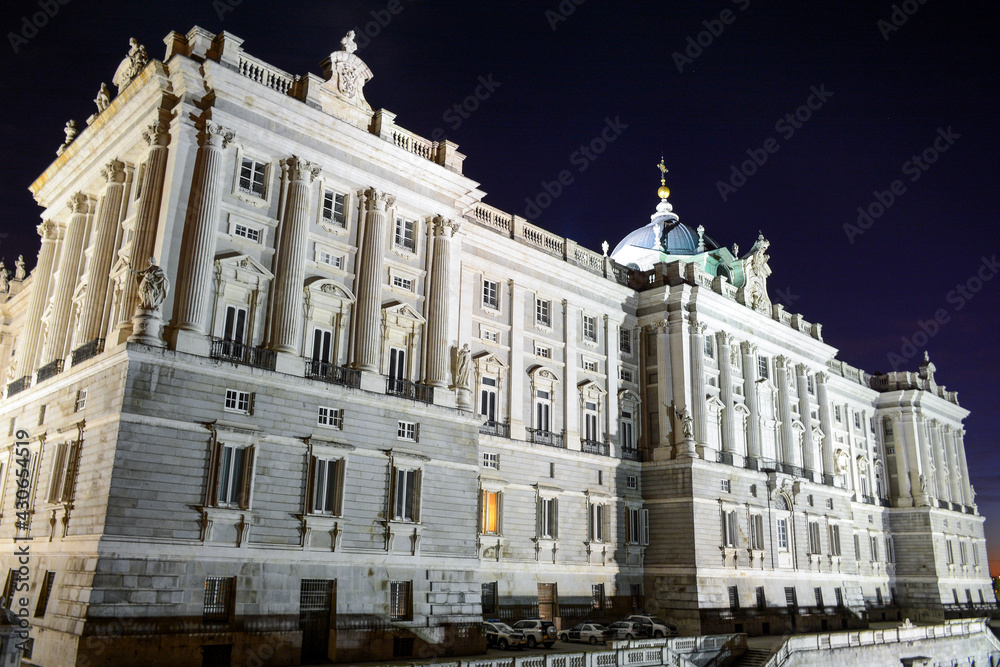 Madrid, Spain - October 25, 2020:  Night view of Royal Palace of Madrid