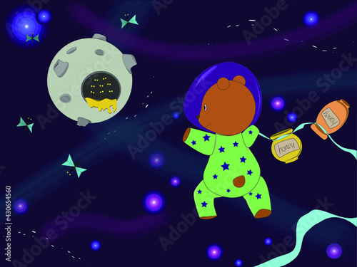in his dream, the astronaut bear flies to the osteroid for space honey, but space bees meet him