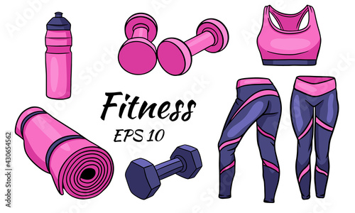 Fitness set. Clothes, dumbbells and a mat for sports and yoga.
