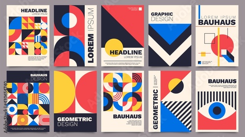 Geometric posters. Bauhaus cover templates with abstract geometry. Retro architecture minimal shapes, forms, lines and eye design vector set photo