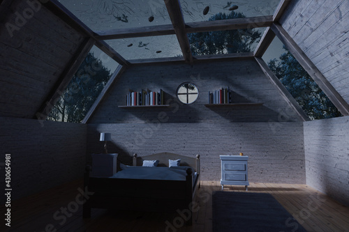 3d rendering of wooden bedroom with panoramic roof in a cabin house at night