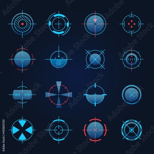 Futuristic aim. Spaceship or sniper weapon focus on target for game hud. Digital hologram crosshair, radar or camera viewfinder vector set