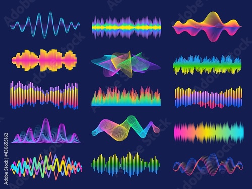 Audio frequency. Neon music sound waves for radio equalizer. Voice recognition for digital assistant. Volume graph line designs vector set
