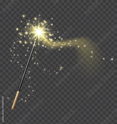 Magic wand. Realistic fairytale stick with golden sparkle trail. Fantasy glitter and shine star. Fairy wand and magical light vector concept