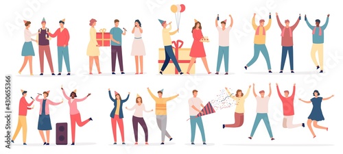 People celebrate birthday. Friend characters dance on party, sing karaoke, hold cake and gift, drink champagne. Flat celebrating vector set.