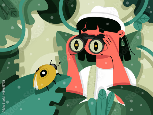 Girl found a beetle in the jungle.