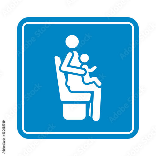 Sitting mother woman with baby on knees, detailed blue icon for public transport on the white background