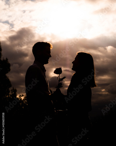 silhouette of a couple in a sunset with a rose