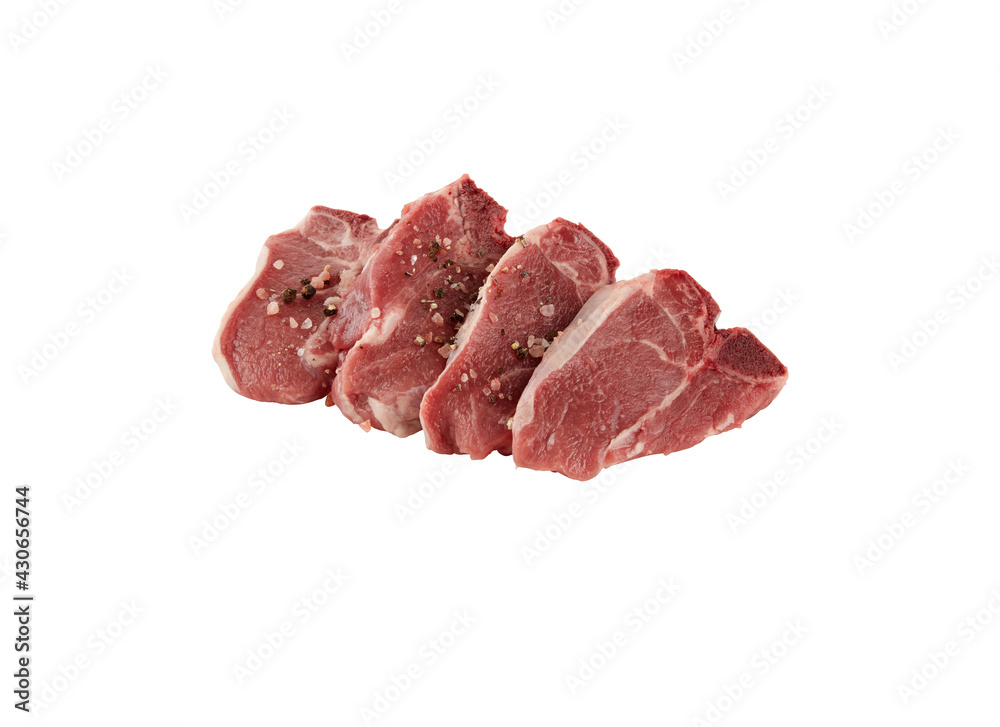 raw pork chops isolated​ on​ white​ background with​ clipping​ path​