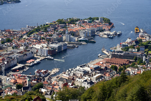 Scenic view of the Bergen city in Norway seen from a hill photo