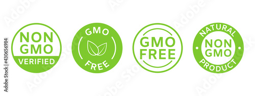 Non GMO labels. GMO free icons. Organic and natural cosmetic. Eco, vegan, bio. Healthy food concept. No GMO design elements for tags, product package, food symbol, emblems. Vector illustration