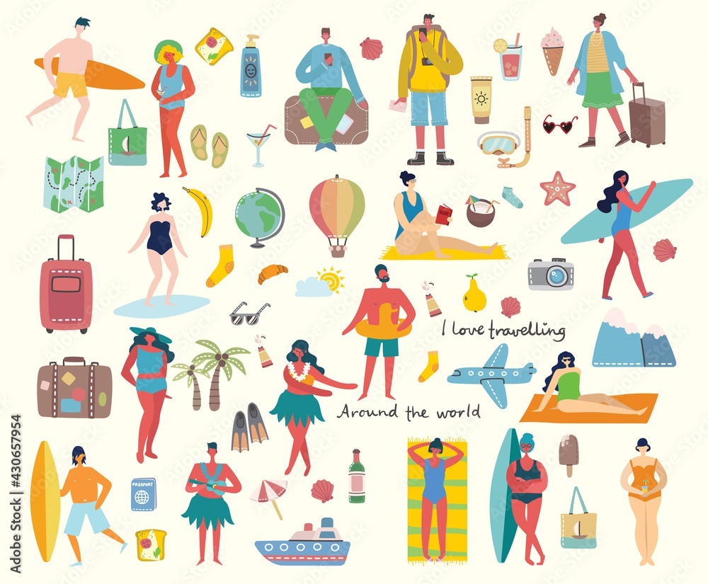 Fototapeta premium Set of different vector summer people and icons