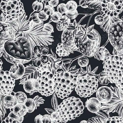 Seamless pattern with hand drawn chalk strawberry, blueberry, red currant, raspberry, blackberry