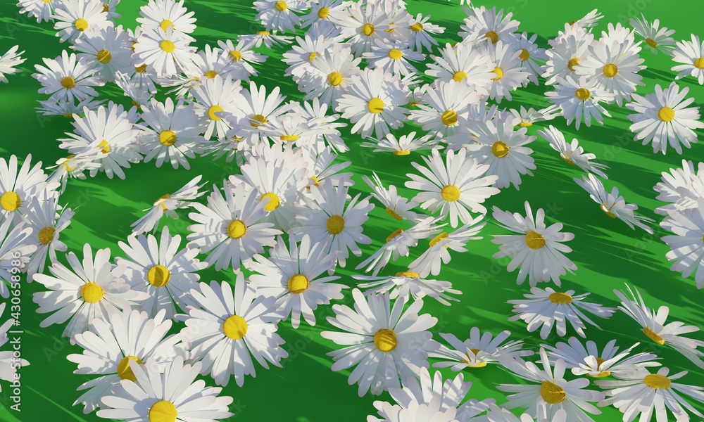 White flower on green floor background. 3D rendering.