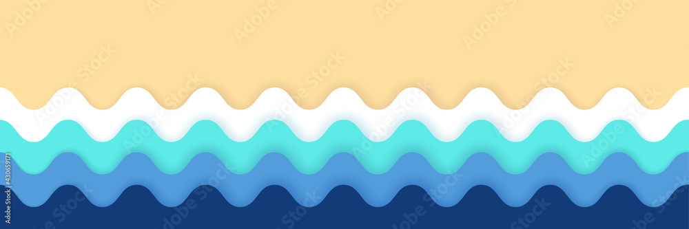 Fototapeta premium Waves of the sea and sandy beach paper cut style, 3d effect imitation Blue sea and beach bright summer abstract background geometric retro style with paper waves and seacoast banner area for text