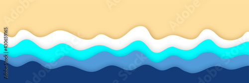 Waves of the sea and sandy beach paper cut style, 3d effect imitation Blue sea and beach bright summer abstract background geometric retro style with paper waves and seacoast banner area for text