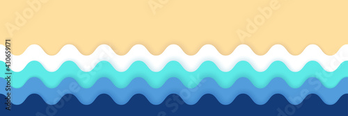 Waves of the sea and sandy beach paper cut style, 3d effect imitation Blue sea and beach bright summer abstract background geometric retro style with paper waves and seacoast banner area for text