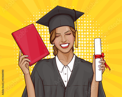 Happy young girl graduate student in mantle and graduation cap holding university diploma in her hand. Concept of celebrating the graduation ceremony. Vector pop art illustration on yellow background.