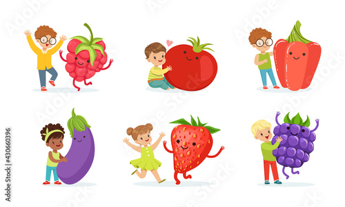 Cute Little Children Having Fun and Playing with Big Fruits and Vegetables Vector Set