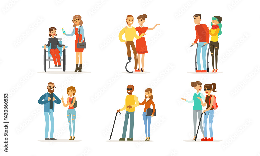 Volunteers Helping and Supporting Disabled People Characters Vector Illustration Set
