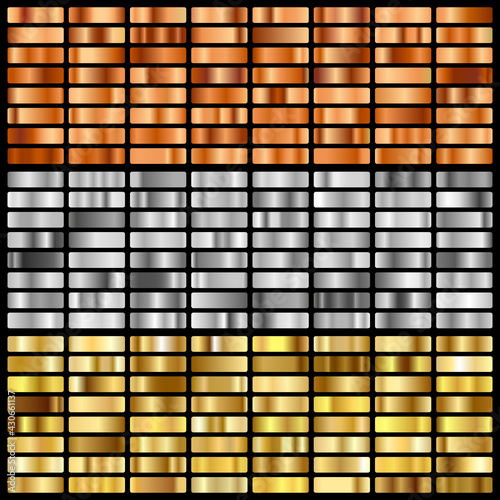 Gold, silver, bronze and golden foil texture gradation background set. Vector shiny hologram and metalic gradient collection for border, frame, ribbon, label design. Vector illustration