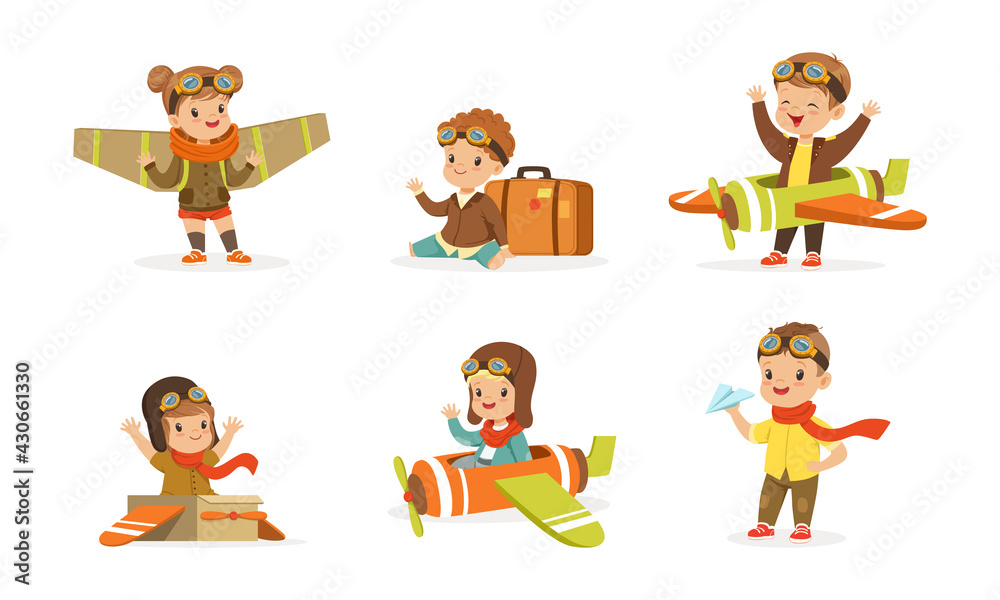 Cheerful Kids Playing Pilot with Plane and Wings Flying Vector Set Cheerful Kids Playing Pilot with Plane and Wings Flying Vector Set