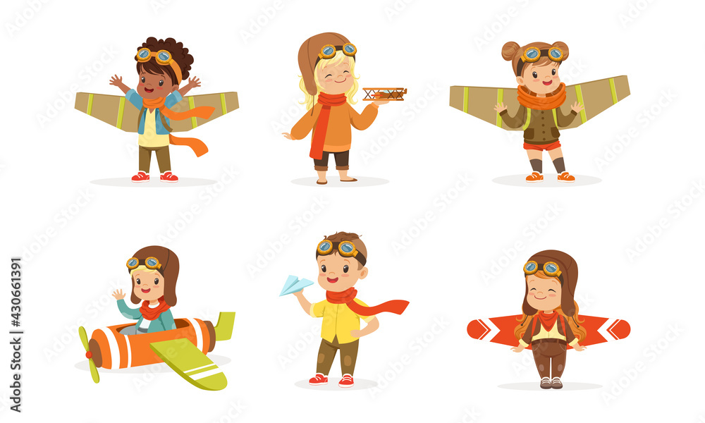 Naklejka premium Cheerful Kids Playing Pilot with Plane and Wings Flying Vector Set