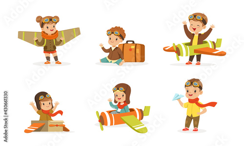 Cheerful Kids Playing Pilot with Plane and Wings Flying Vector Set