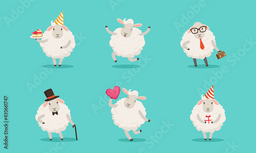 Cute Fluffy Sheep Holding Cake and Jumping Vector Set