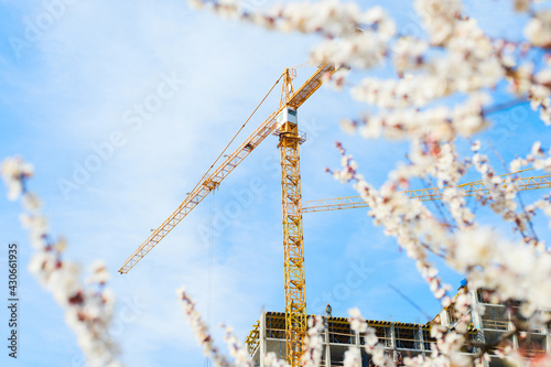 Spring blossom construction crane building
