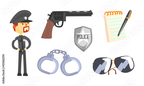Policeman Symbols and Attributes with Handcuffs and Shiny Button Vector Set