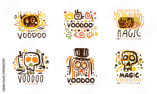 Voodoo Original Logo Design with Indigenous Symbols Vector Set