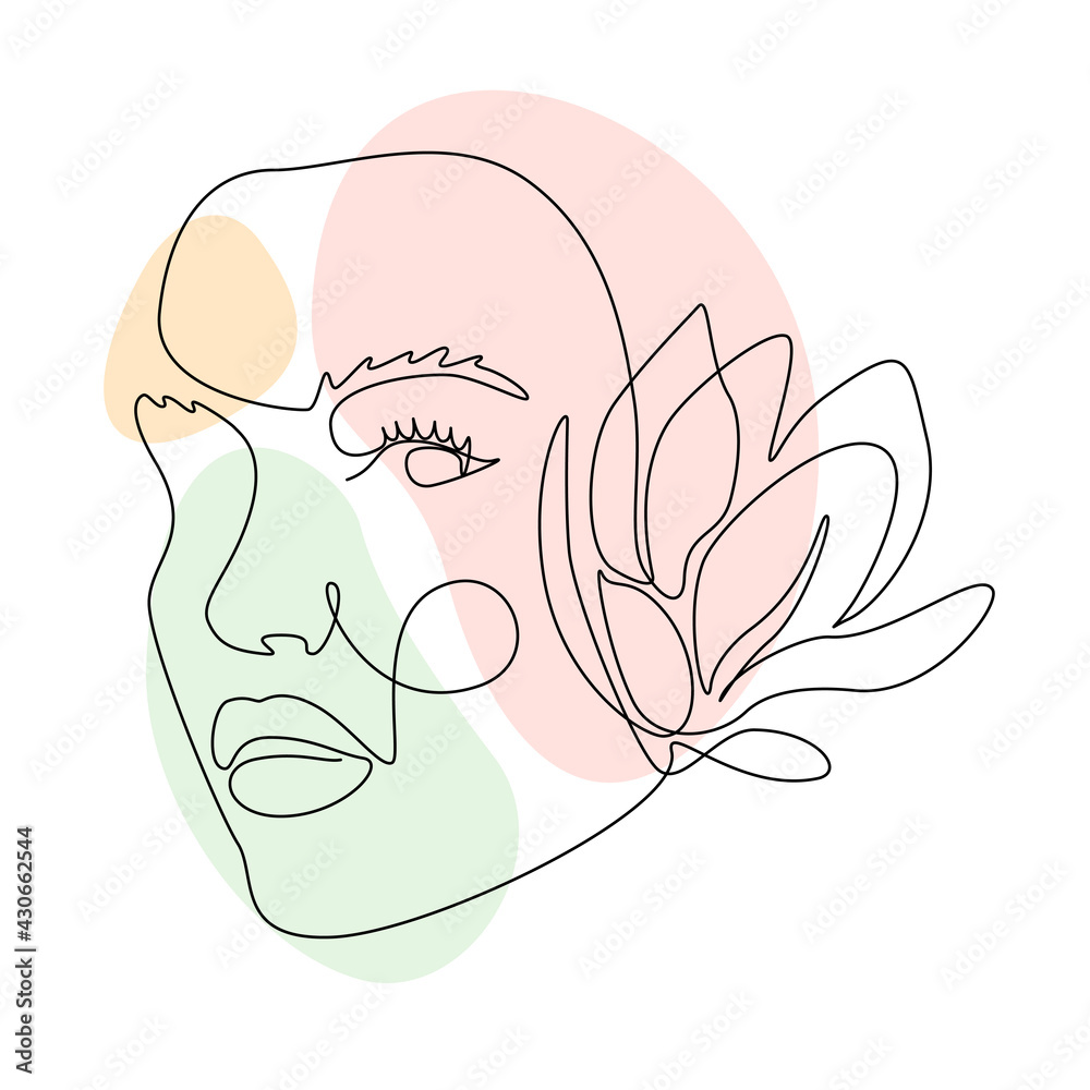 Woman face with magnolia flower in Continuous line drawing. Beautiful female portrait in lineart style isolated in white background. Vector illustration with color free form Woman face with magnolia flower in Continuous line drawing. Beautiful female portrait in lineart style isolated in white background. Vector illustration with color free form