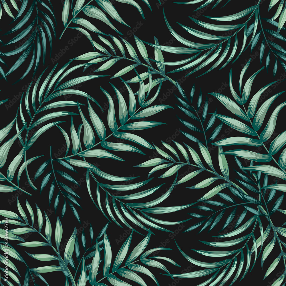 Green tropical palm leaves seamless vector pattern on the black background.Trendy summer print. Green tropical palm leaves seamless vector pattern on the black background.Trendy summer print.