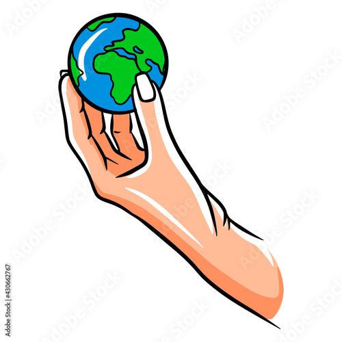 Let's protect the planet. Let's save the planet. Planet in hand. Ecology. Cartoon style.