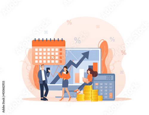 Budget management. Personal financial control. Budget planning, records management, cash flow statement metaphors. Flat style characters.