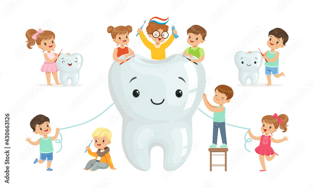 Cute Little Boy and Girl Brushing Teeth with Toothpaste and Toothbrush Vector Set Cute Little Boy and Girl Brushing Teeth with Toothpaste and Toothbrush Vector Set