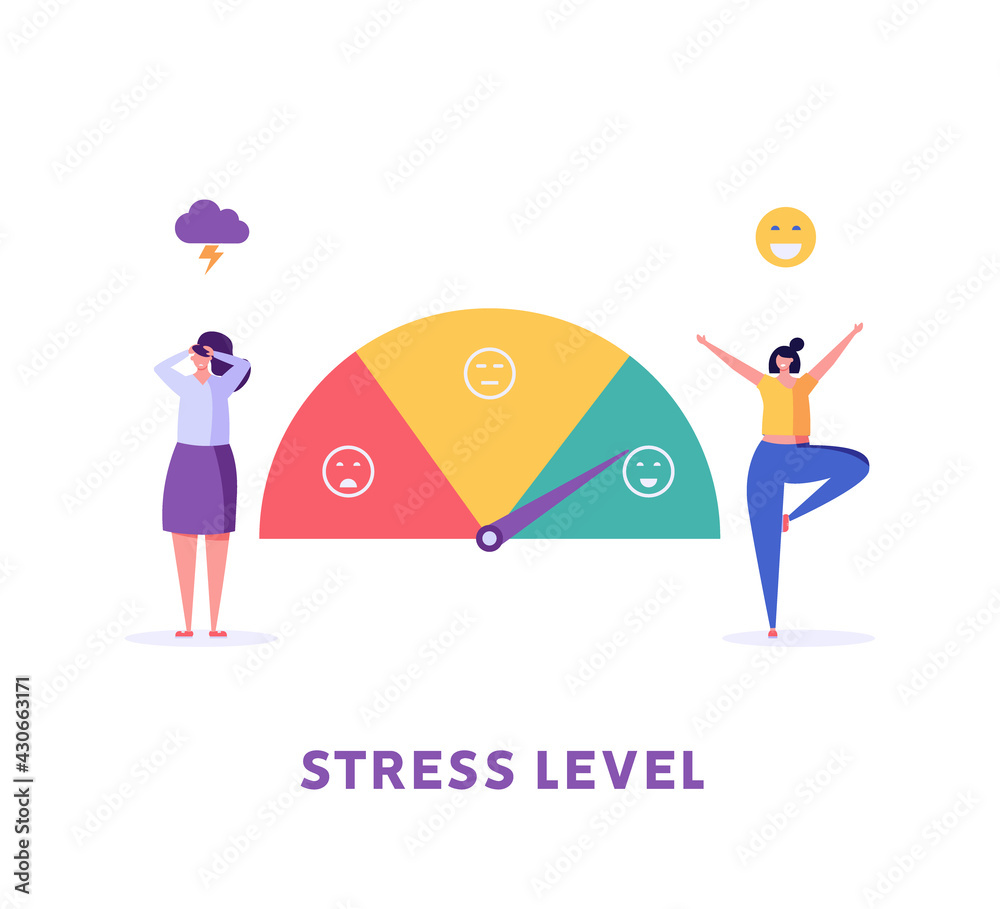 Women are on the mood scale. Concept of emotional overload, stress level, burnout, increased productivity, tiring, boring, positive, frustration employee in job. Vector illustration in flat design Women are on the mood scale. Concept of emotional overload, stress level, burnout, increased productivity, tiring, boring, positive, frustration employee in job. Vector illustration in flat design