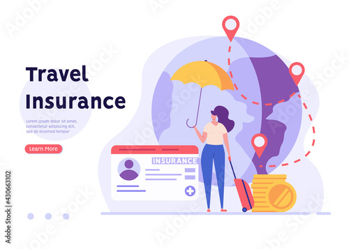 Travel Insurance Vector illustration. People traveling with insurance. Tourist with luggage in airport. Concept of insurance and health protection for travelers, safe vacation and traveling