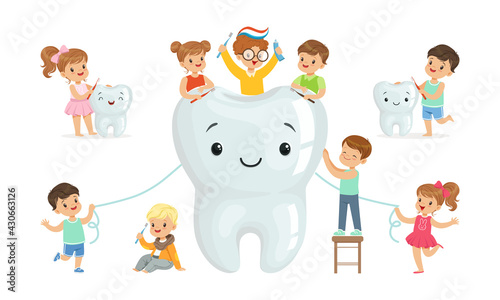 Cute Little Boy and Girl Brushing Teeth with Toothpaste and Toothbrush Vector Set