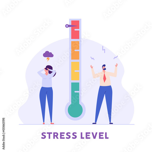 People are on the mood scale. Concept of emotional overload, stress level, burnout, increased productivity, tiring, boring, positive, frustration employee in job. Vector illustration in flat design