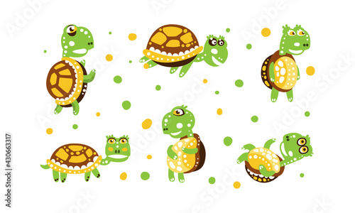 Cute Turtle with Shell and Short Feet in Different Poses Vector Set