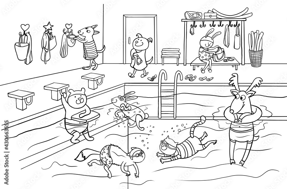 Hand drawn black and white cartoon illustration of a public swimming pool.  Different animals having fun and relax, diving under water in swimsuits and  floating with rubber ring. Coloring book page. Stock