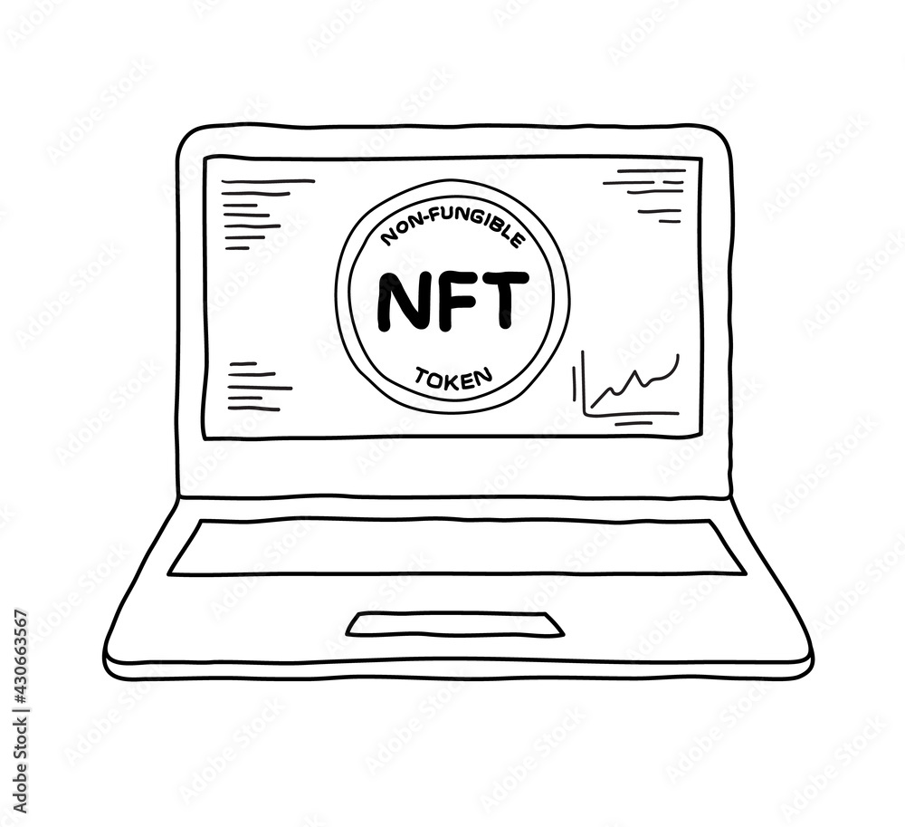 Laptop computer displaying NFT non-fungible token in hand drawn doodle sketch style. Unfilled outline only